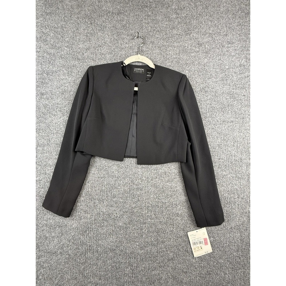 Liz Claiborne Blazer Jacket Womens Petite 2 Black Collarless Open Front Cropped